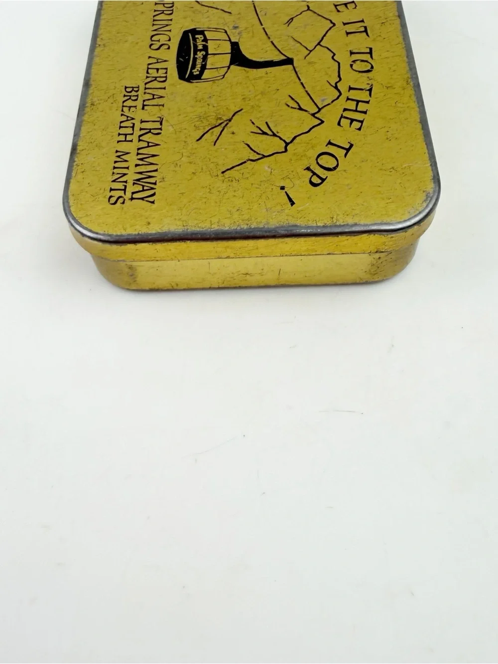 Vtg 70s Palm Springs Aerial Tramway Breath Mints Tin Souvenir Empty Gold CA